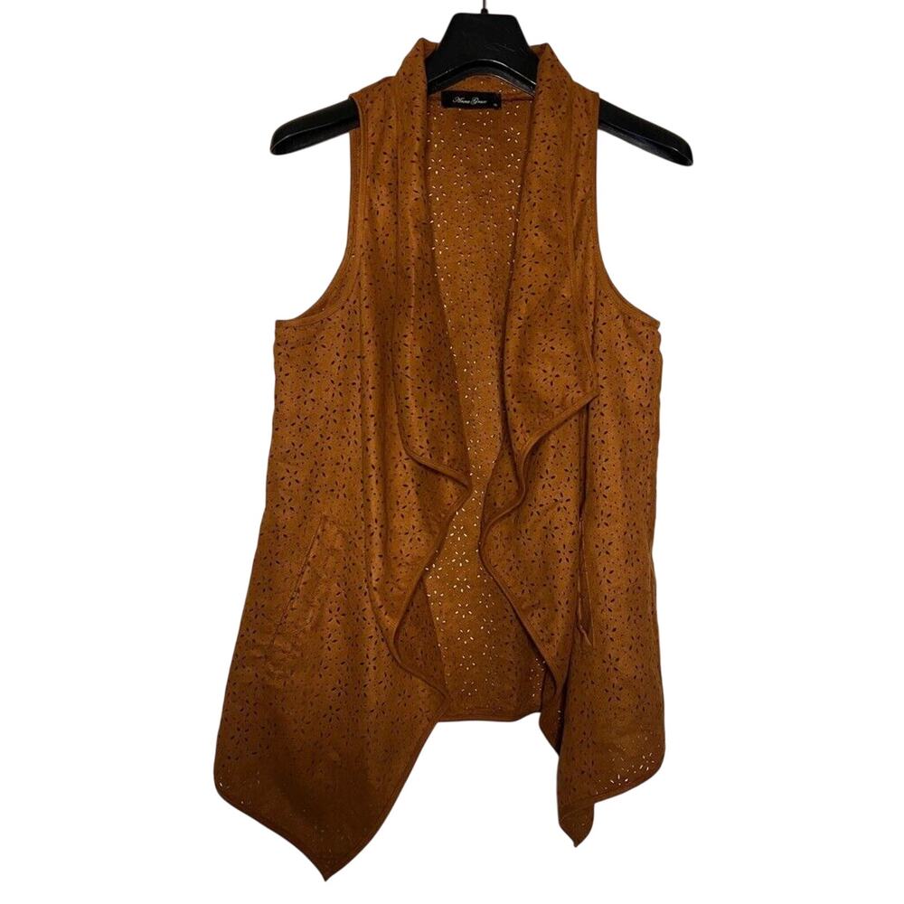 Anna Grace Open Front Vest Brown Pockets Faux Suede Laser Cut SMALL